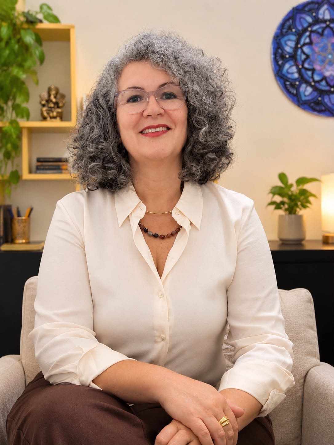 Fernanda de Macedo Braga, psicóloga clínica, sorrindo em seu consultório